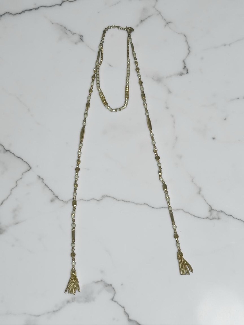 Lucky Brand Choker 15” Gold Tone Beaded Lariat Tassel Necklace